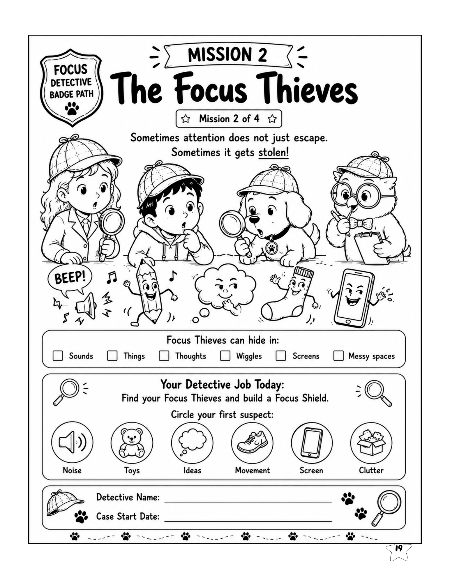 Executive Function Workbook Mission 2 introducing the Focus Thieves and common distractions for kids