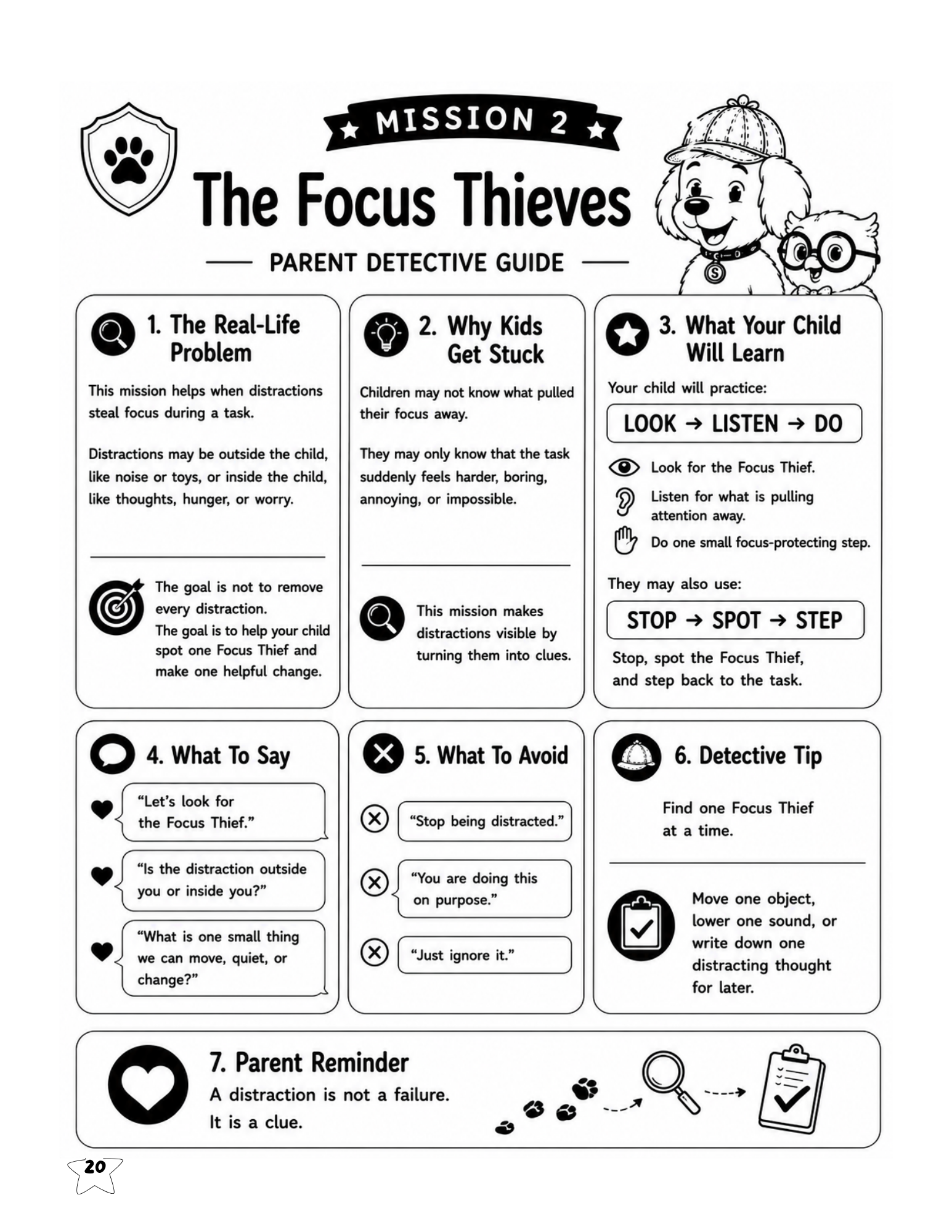 Parent Detective Guide for Mission 2 with practical ways to help kids notice and manage distractions