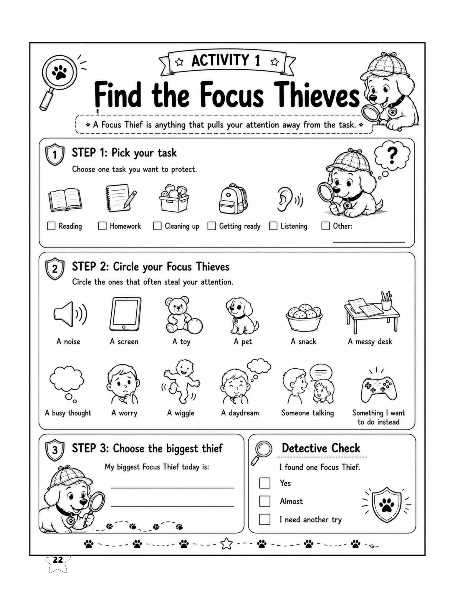 Executive function activity helping kids identify the distractions that make it harder to stay focused