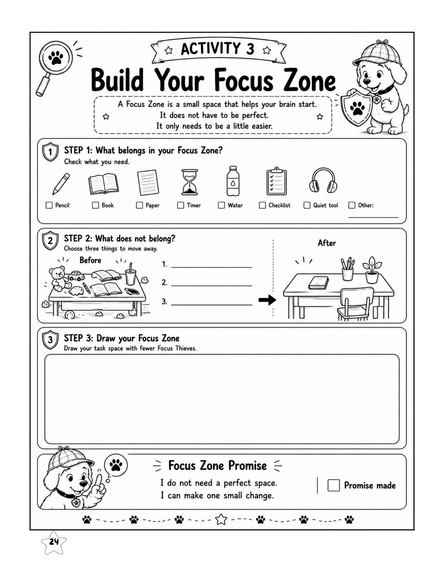 Executive function activity where kids create a Focus Zone to make a task easier to start and complete