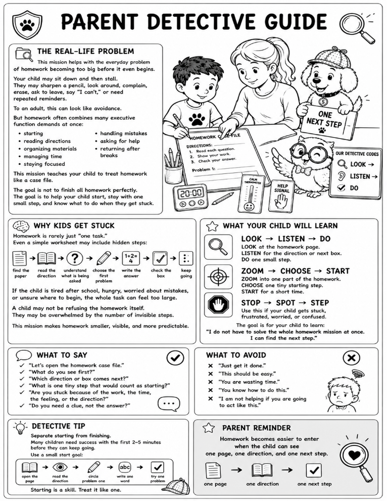 Parent Detective Guide page with practical support for helping kids practice executive function skills