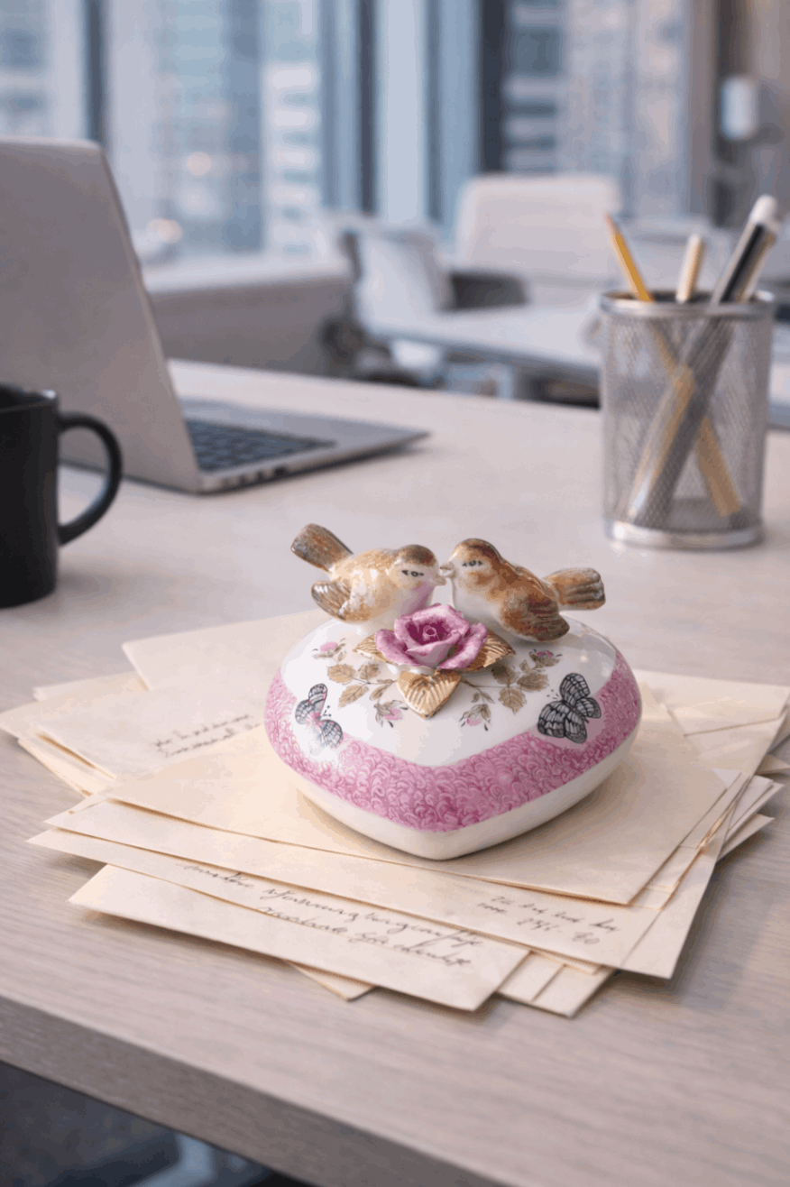 Herzförmiger Porzellan-Briefbeschwerer mit Vogelmotiv