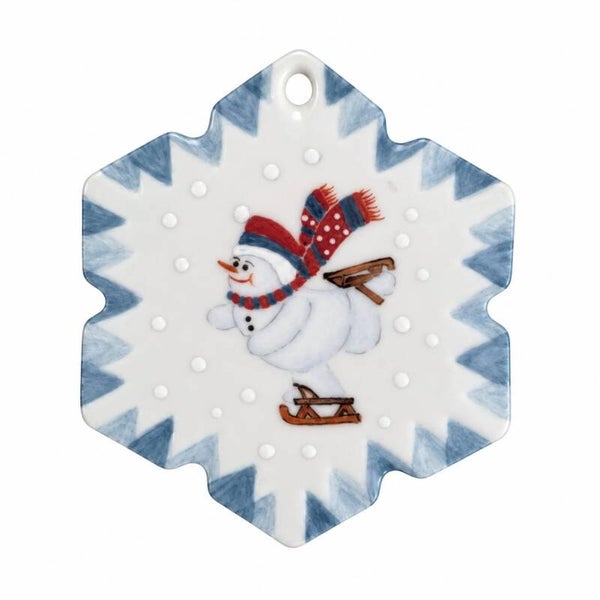 Porzellananhänger Schneeflocke mit Schneemann | Unikat