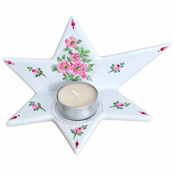 Handbemalter Porzellan-Knickstern mit Rosen | Teelichthalter