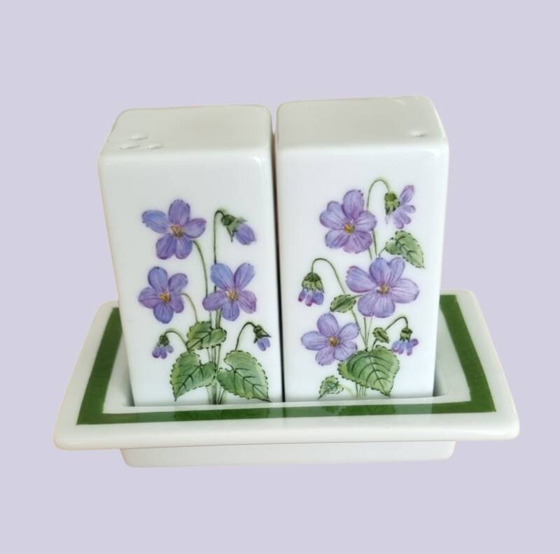 Handbemalte Porzellan-Salz- und Pfefferstreuer mit violetten Veilchen