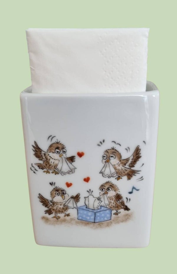 Handbemalter Porzellan Taschentuchhalter mit Spatzenmotiv
