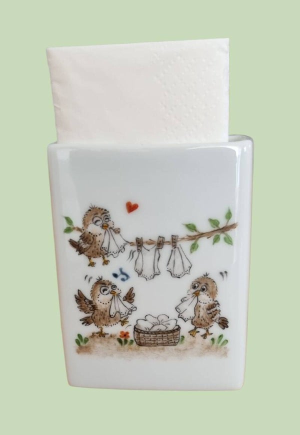 Handbemalter Porzellan Taschentuchhalter mit Vogelmotiv