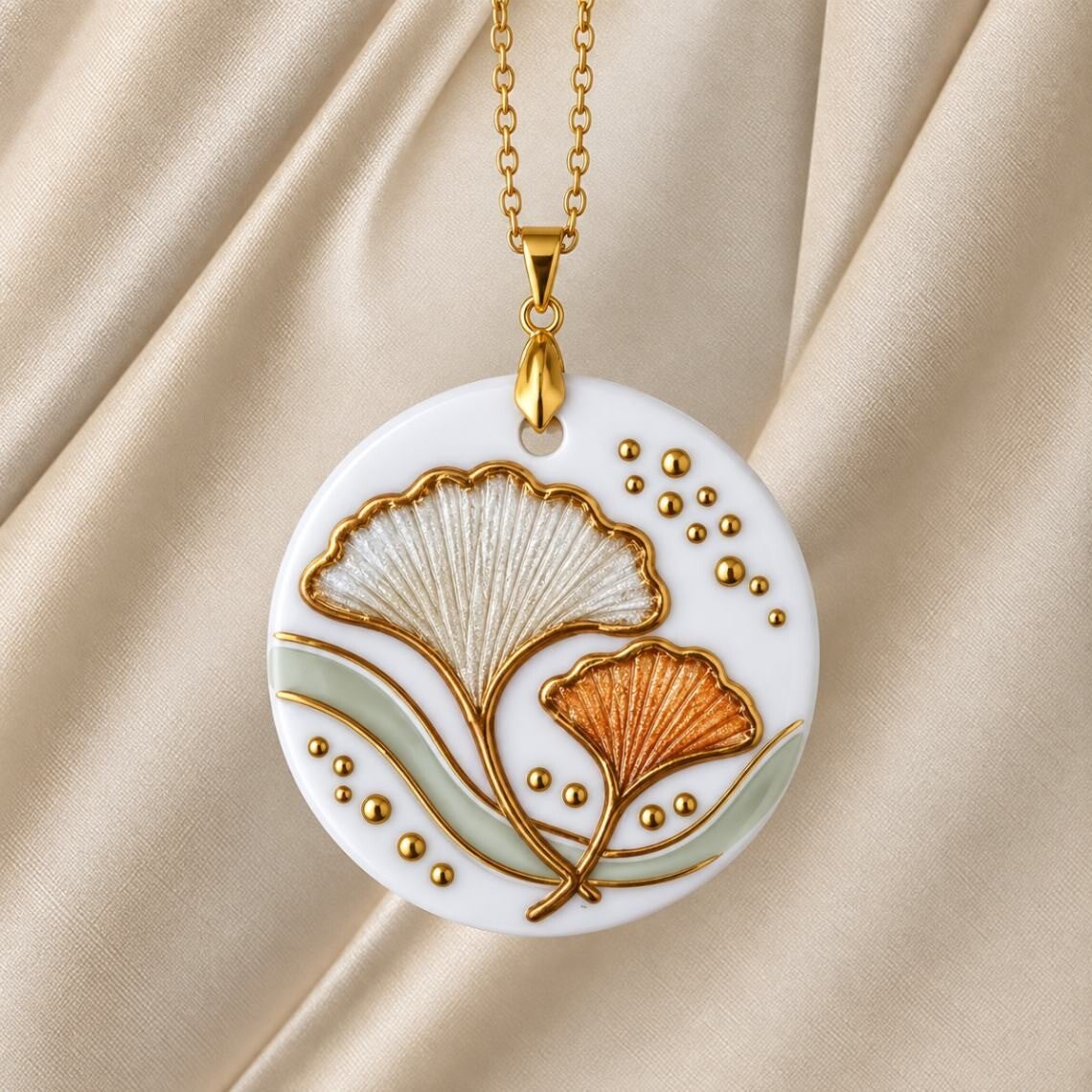 Porzellananhänger «Golden Botanics – Ginkgoduett rund»