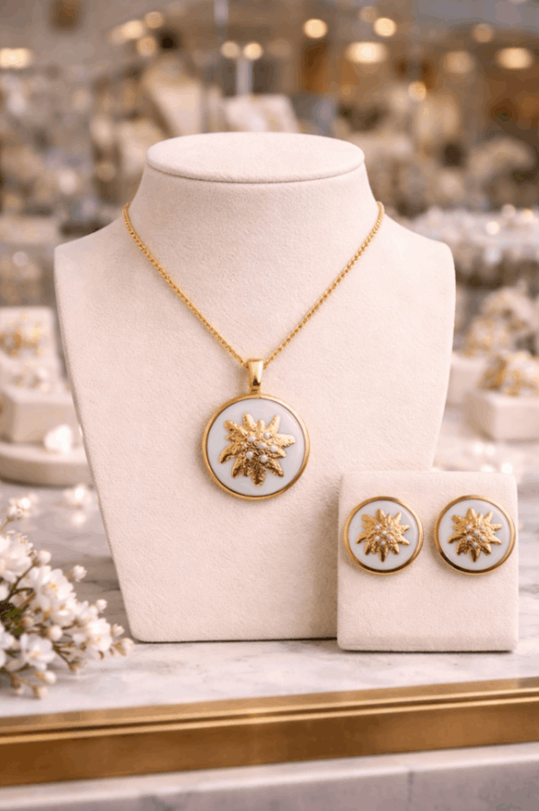 Porzellan-Schmuckset mit vergoldetem Edelweiss – Anhänger & Ohrclips