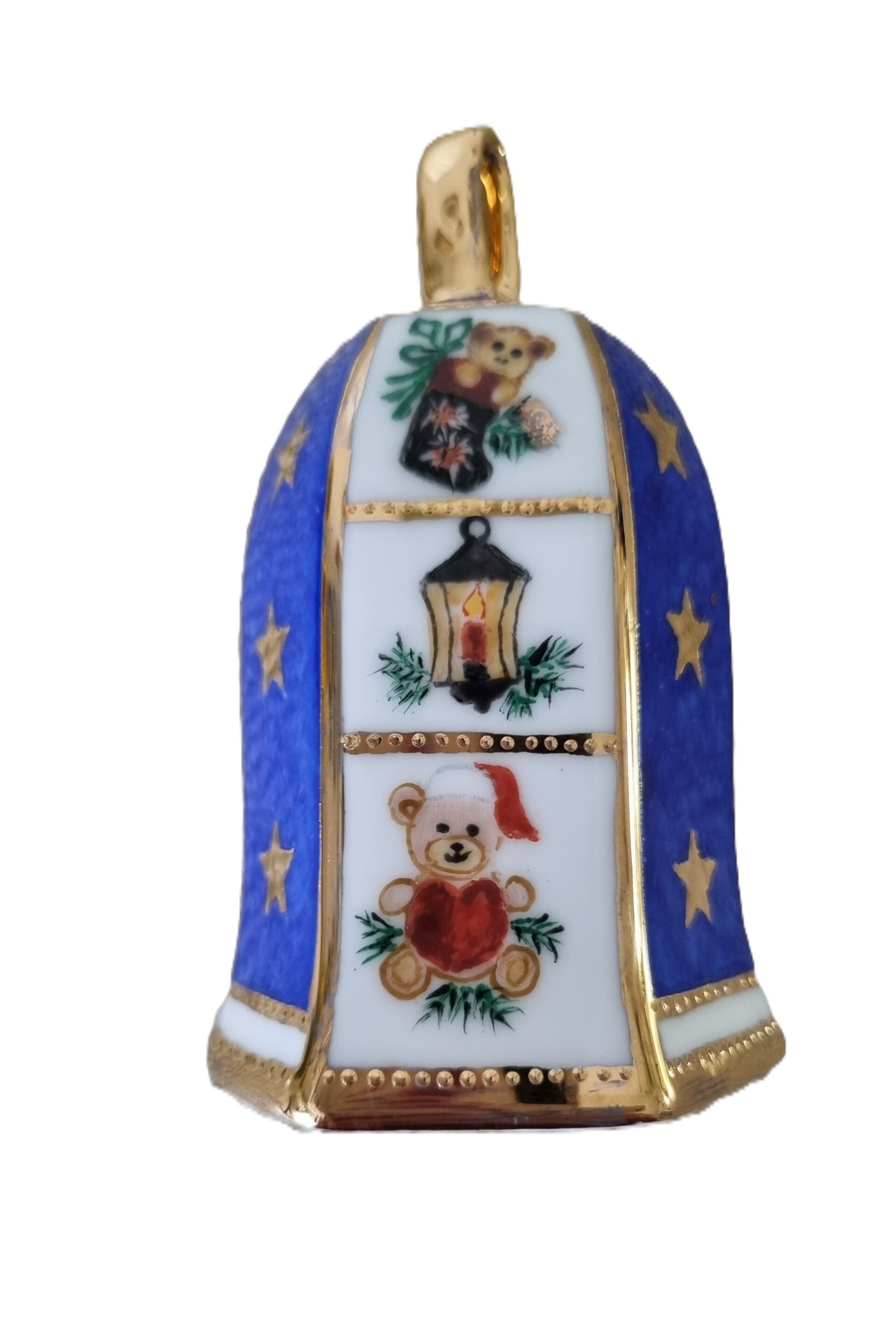 Handbemalte Porzellanglocke mit Weihnachtsmotiven, Teddybär und Golddekor