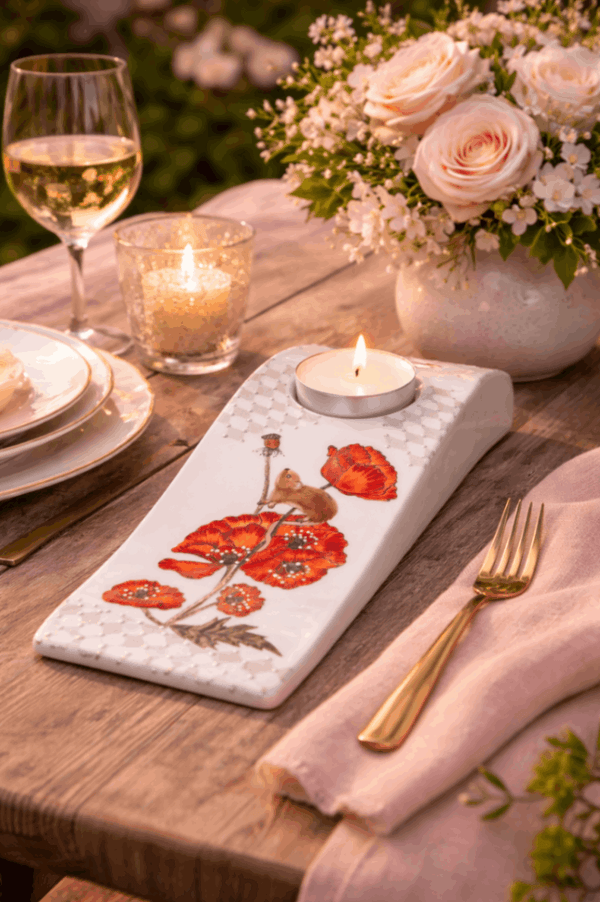 Porzellan-Teelichthalter „Mohn & Maus“ – liebevoll handbemalt & detailreich