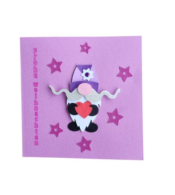 Weihnachtskarte mit Wichtel und Herz – Violett