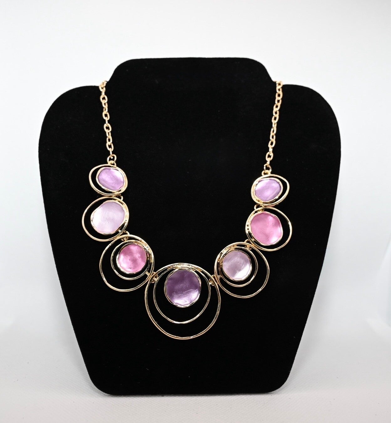 Enamel Circle Statement Necklace Gold Fushia Pink and Purple Bold Fashion Accessory for Women