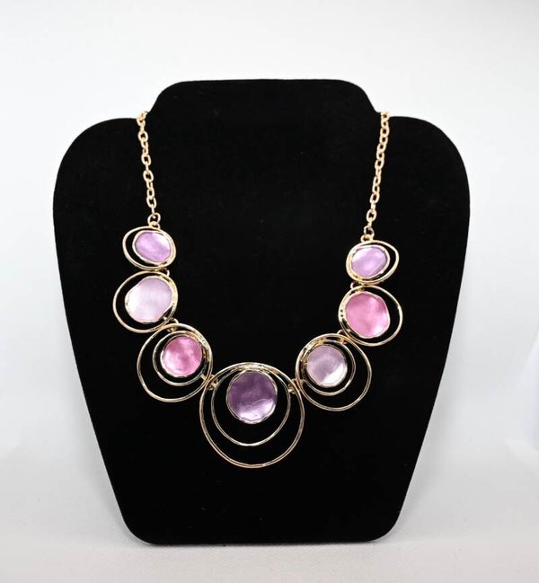 Enamel Circle Statement Necklace Gold Fushia Pink and Purple Bold Fashion Accessory for Women