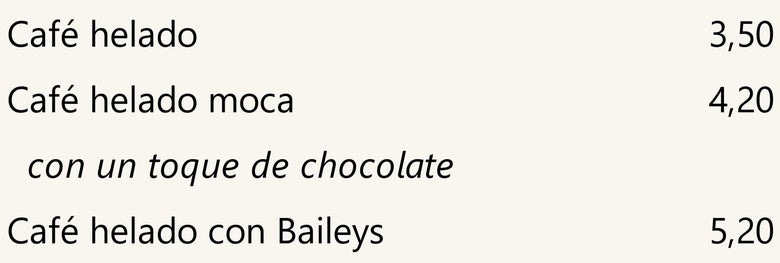 Cafés helados, precios
