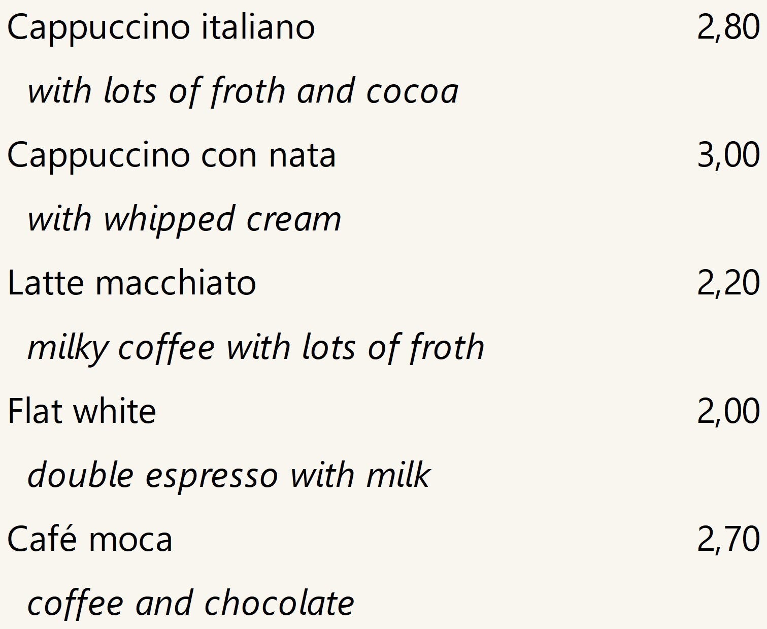 "Nuestros especialidades de café", precios