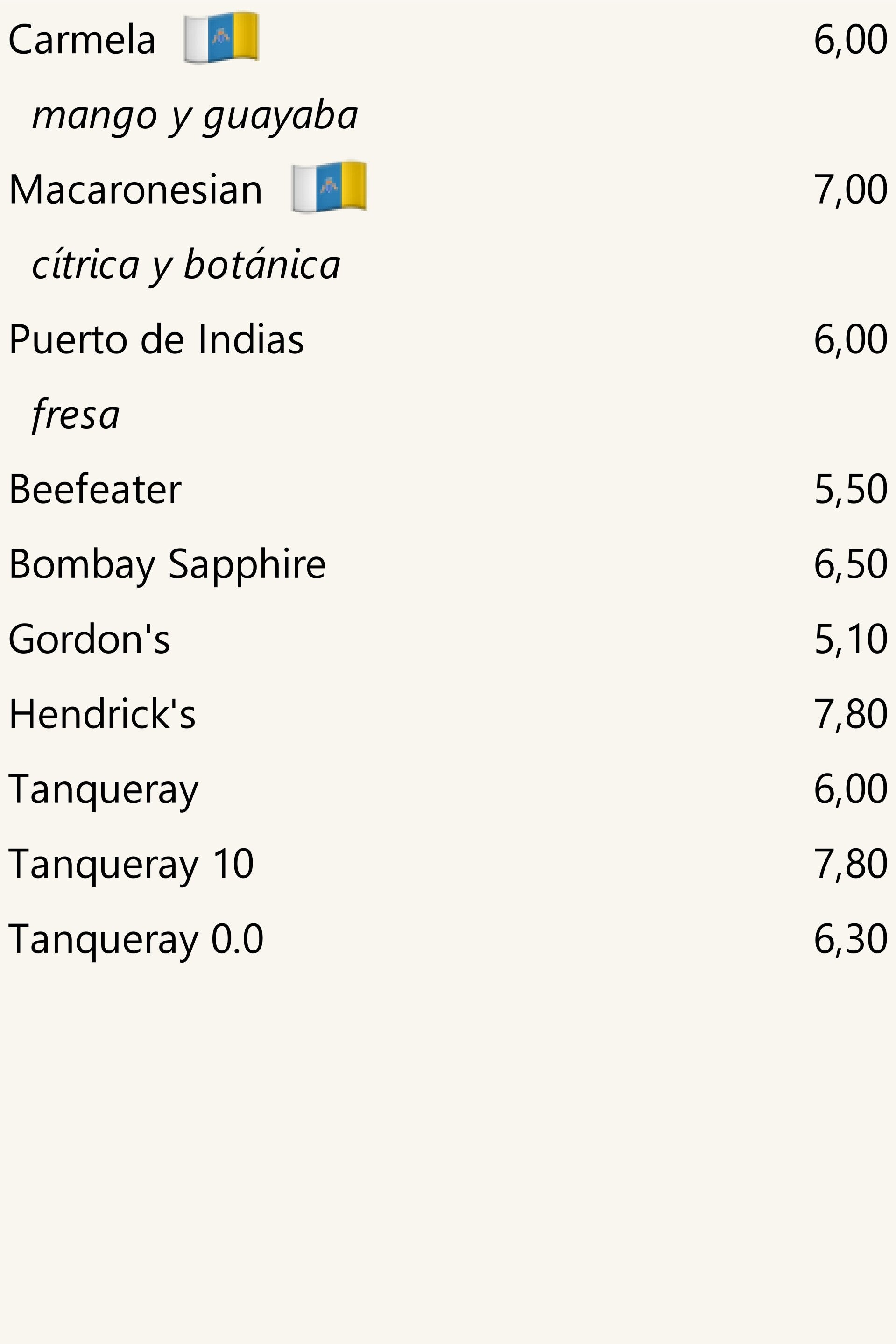 Ginebras, precios con refresco incluido