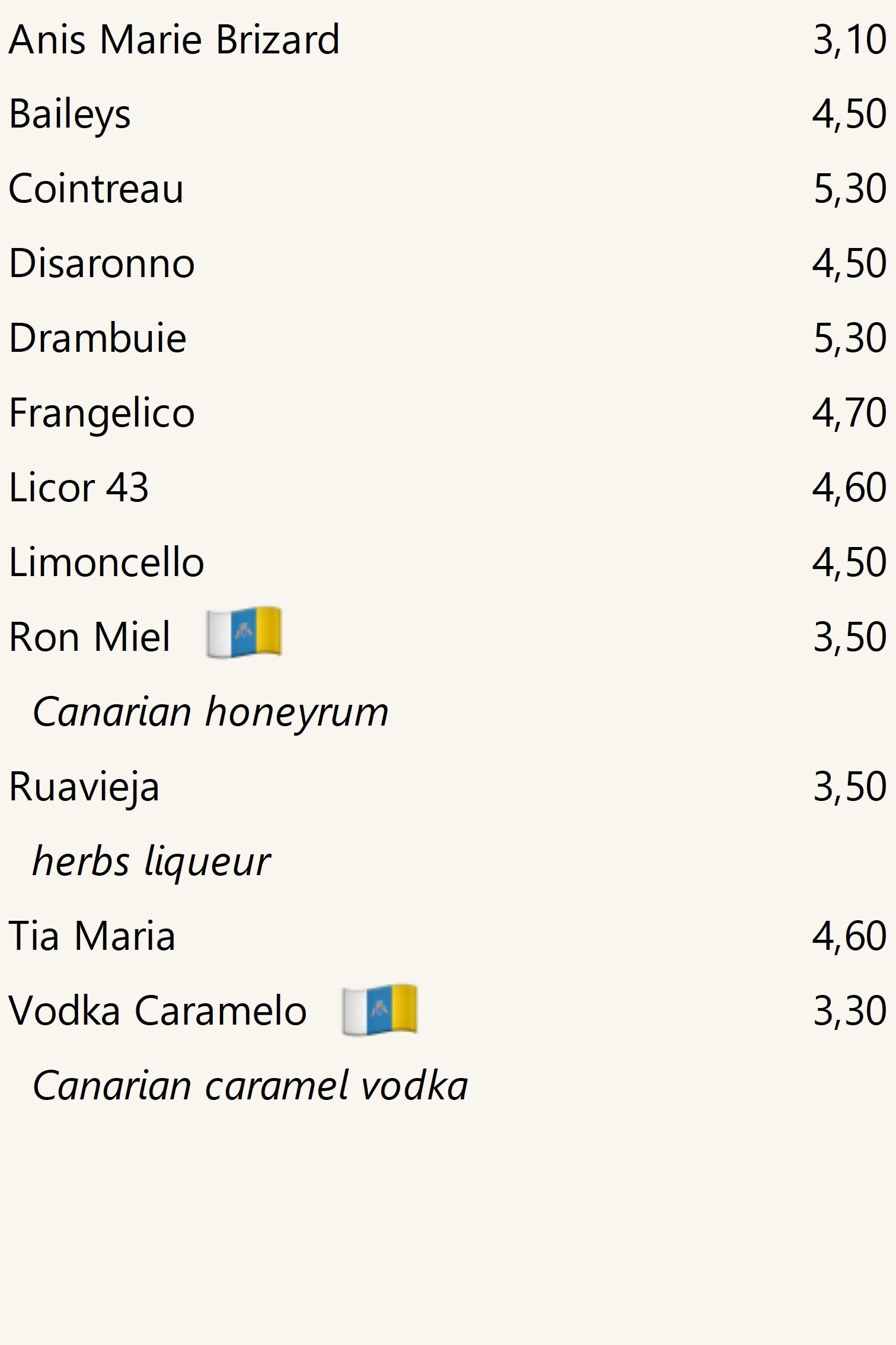 Licores, precios
