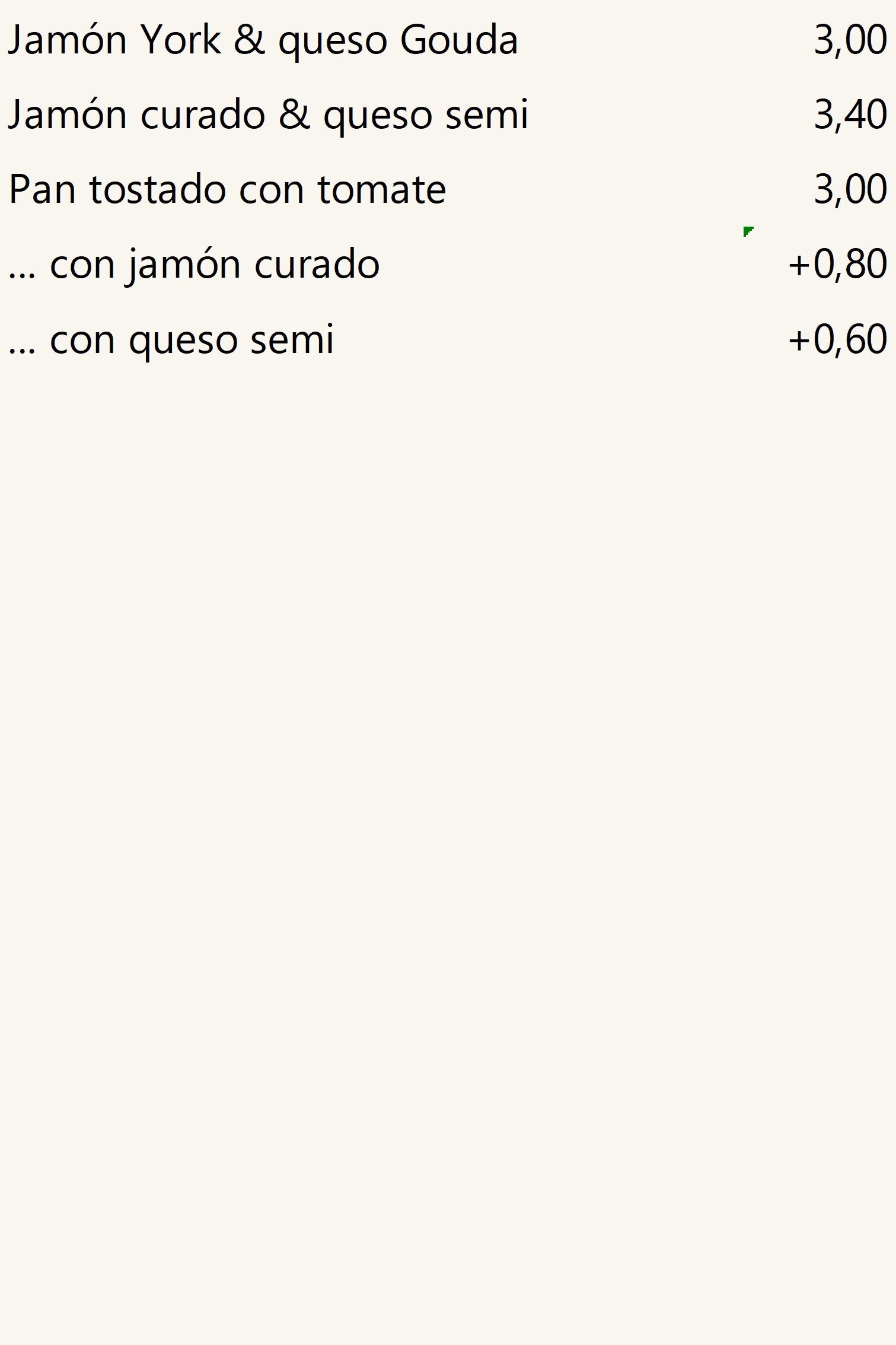 Bocadillos, precios