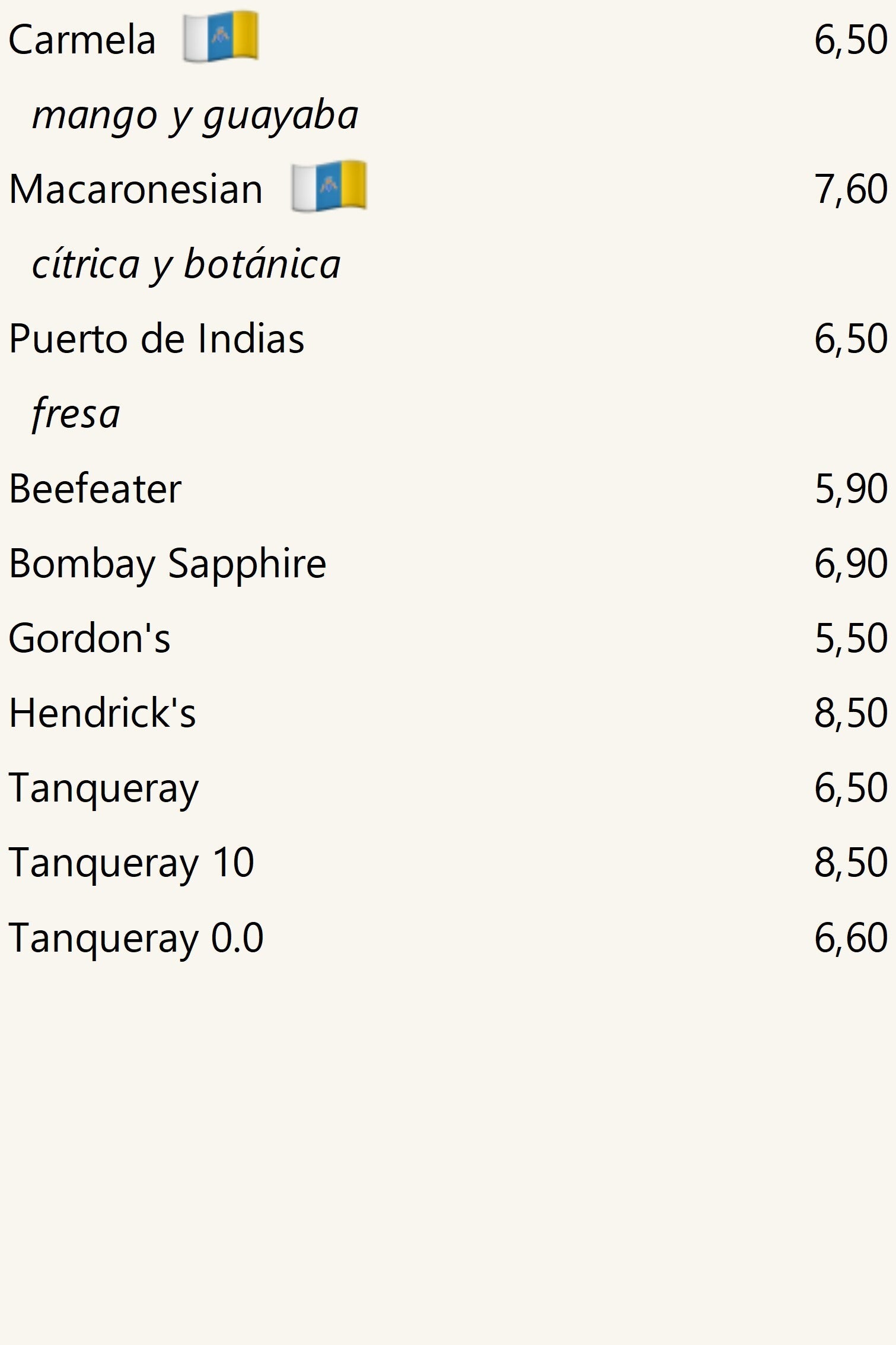 Ginebras, precios con refresco incluido