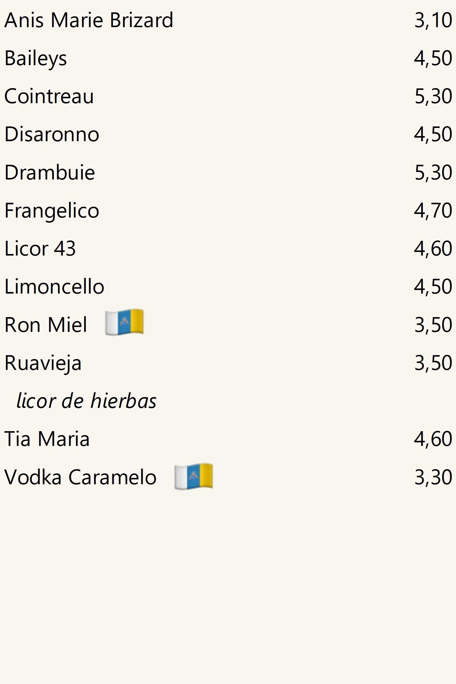 Licores, precios