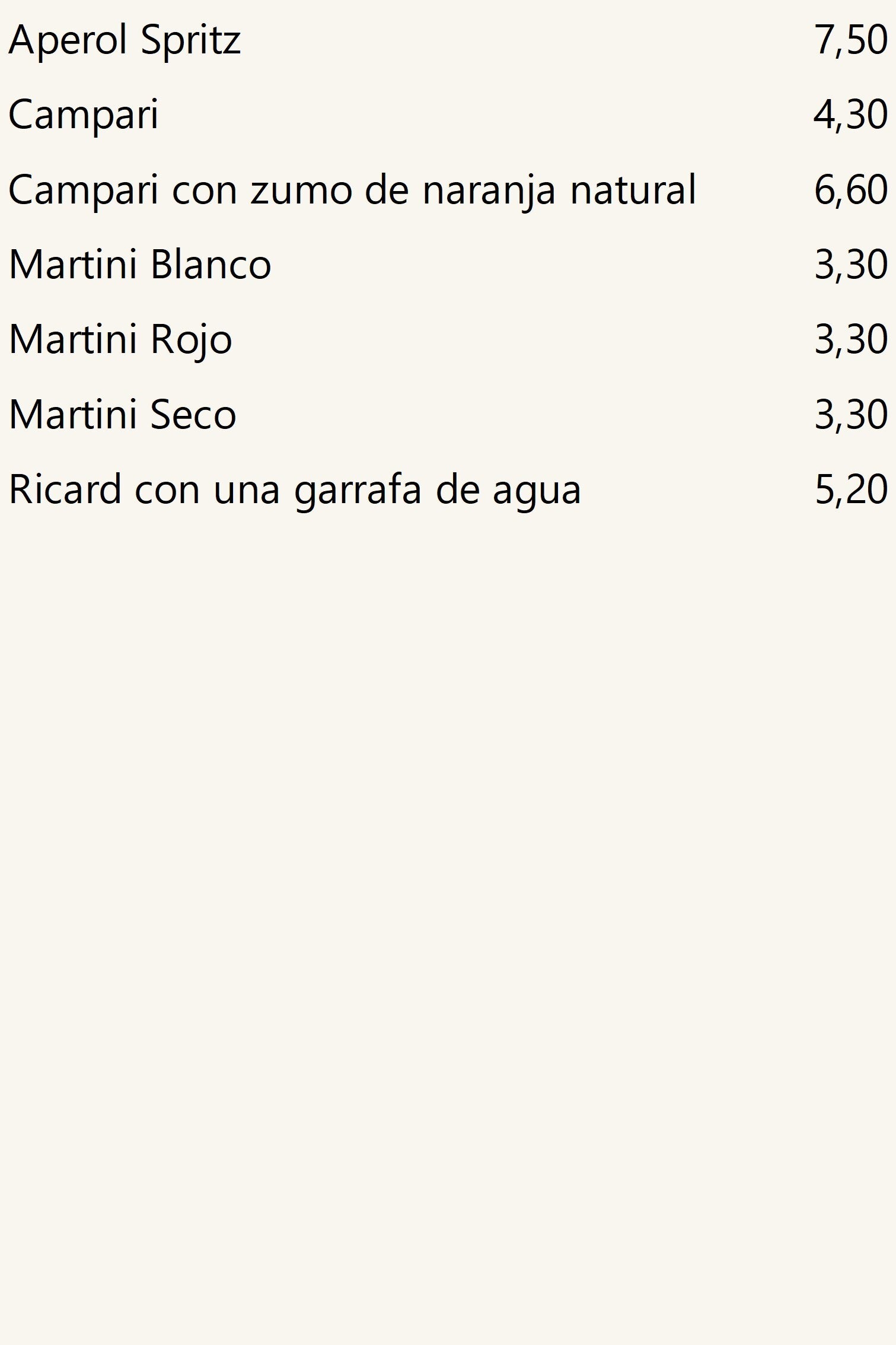 Aperitivos, precios