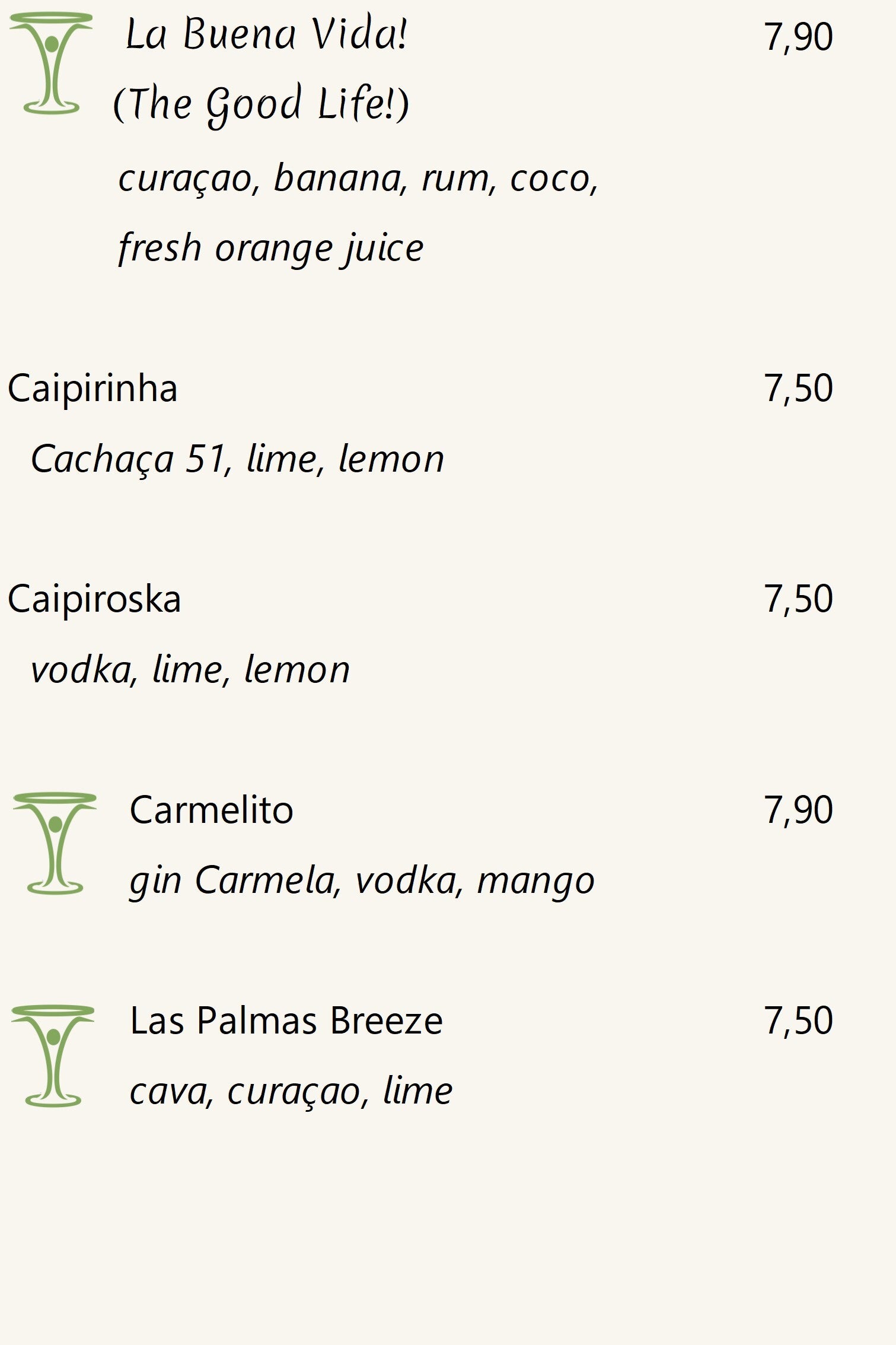 Cocktails, prices