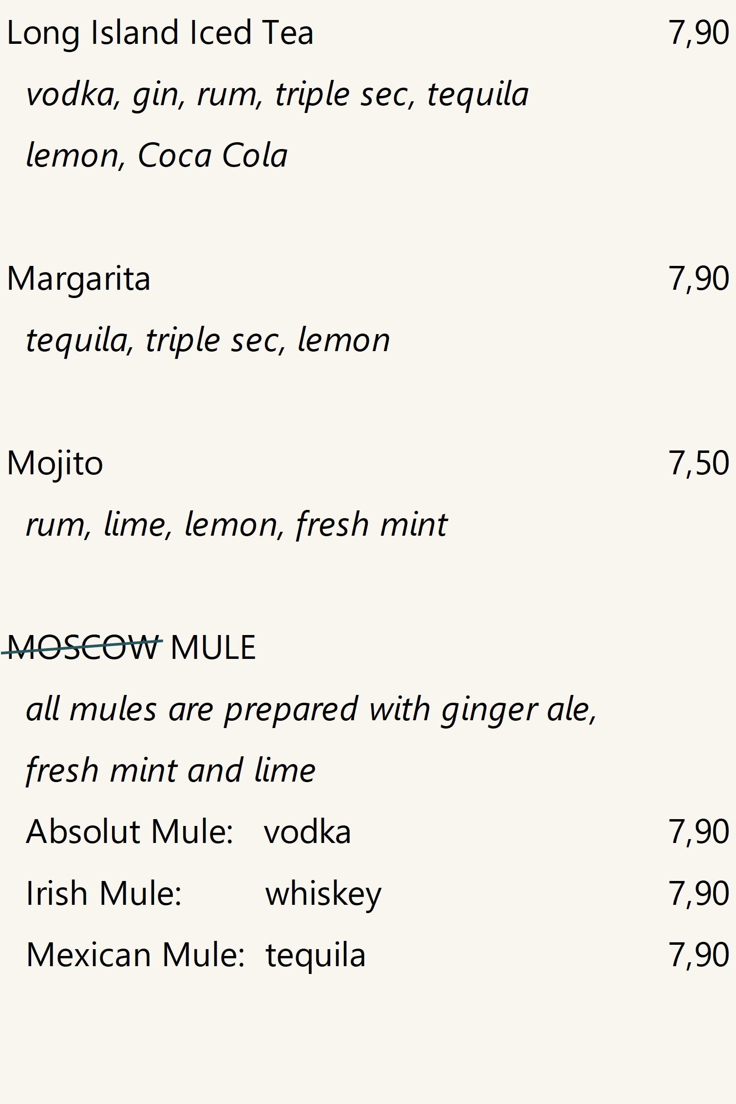 Cocktails, prices