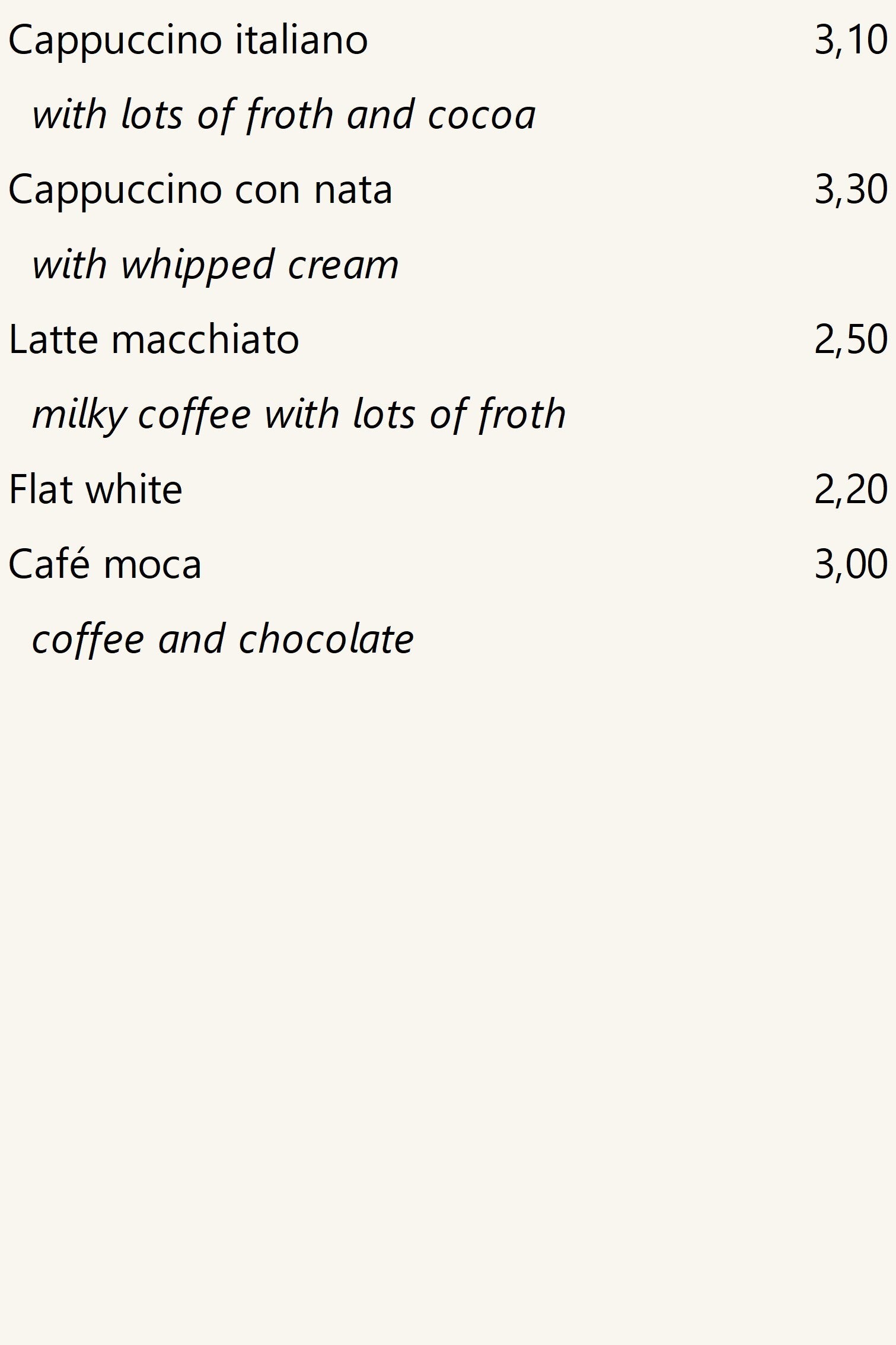 "Nuestros especialidades de café", precios