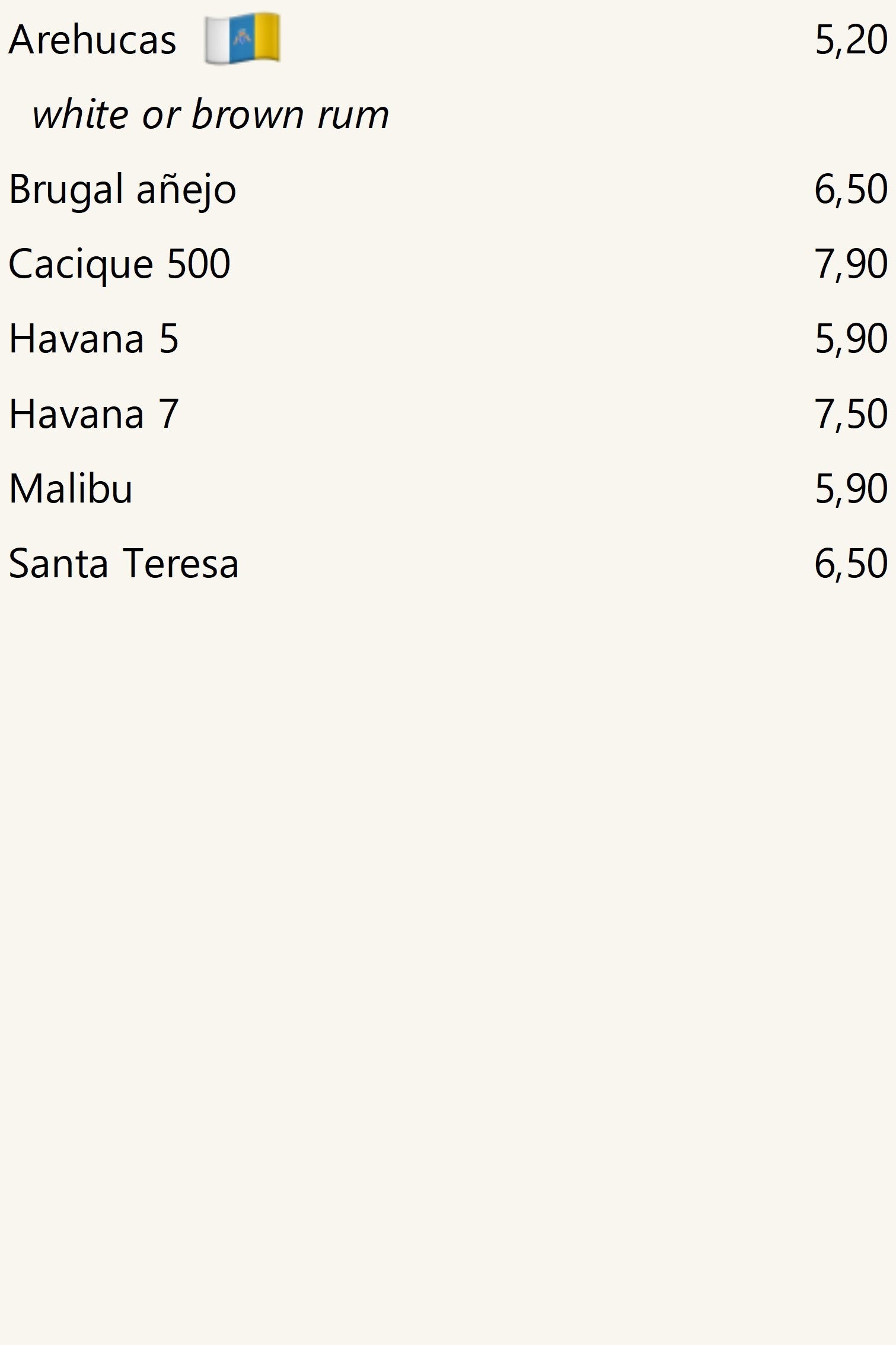 Rums, prices include mixer