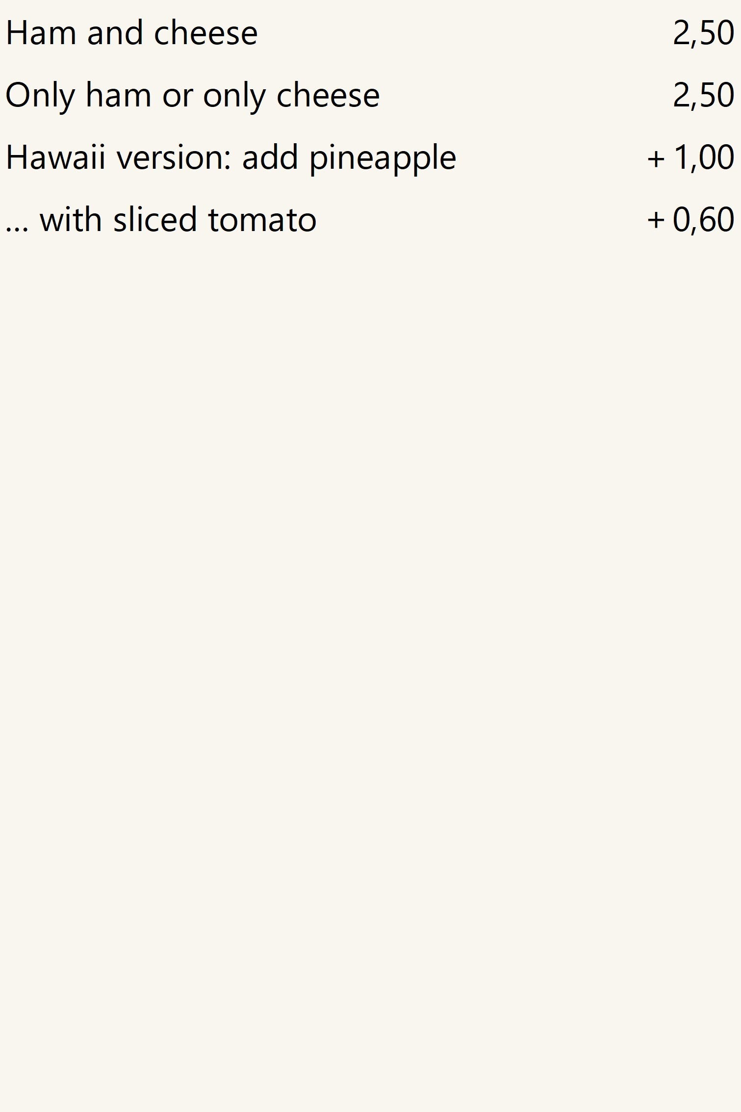 Toasted sandwiches, prices