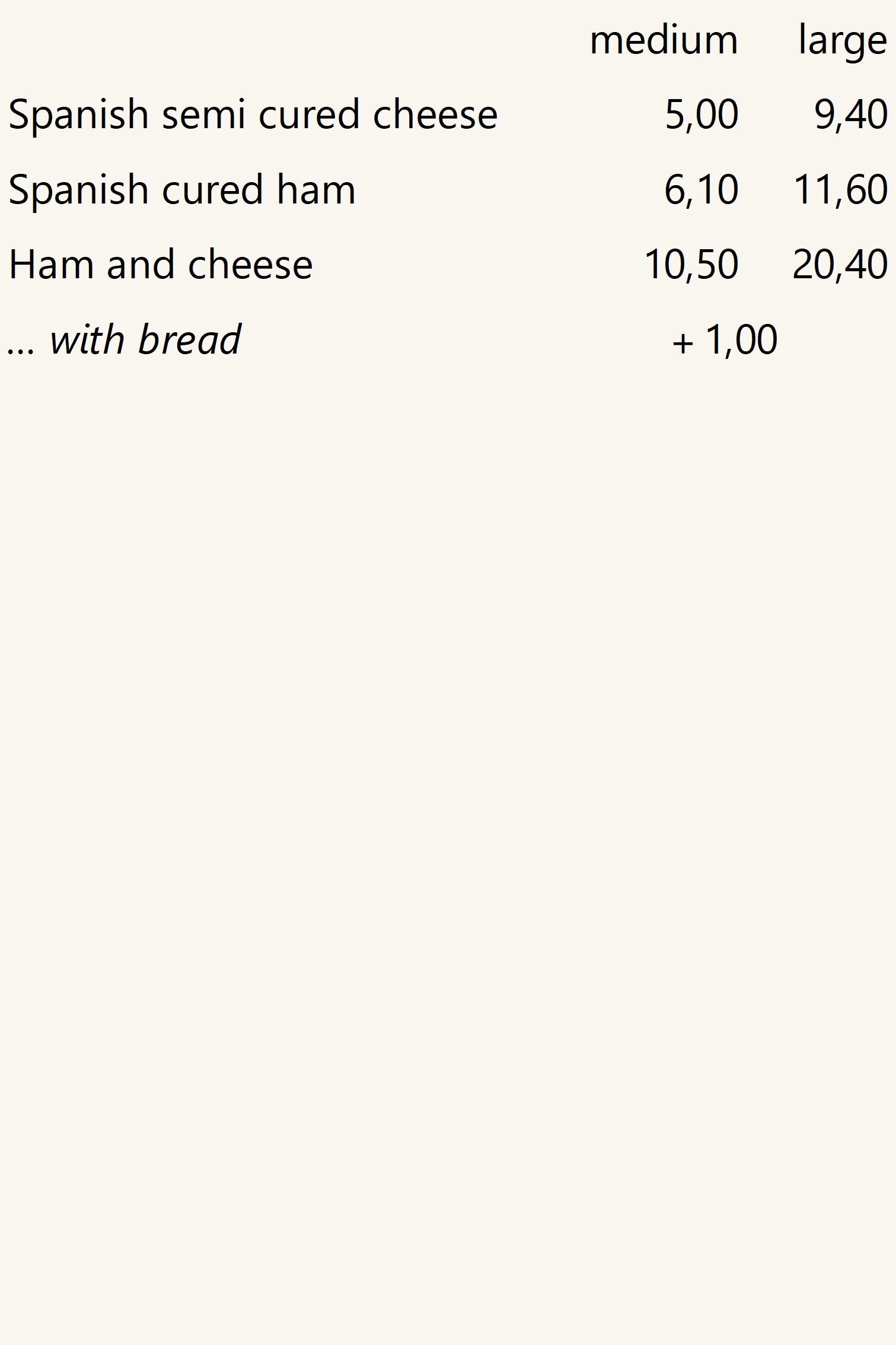 Ham and / or cheese plates, prices