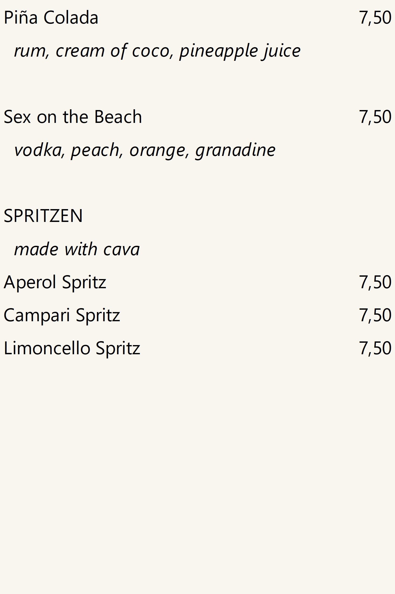 Cocktails, prices