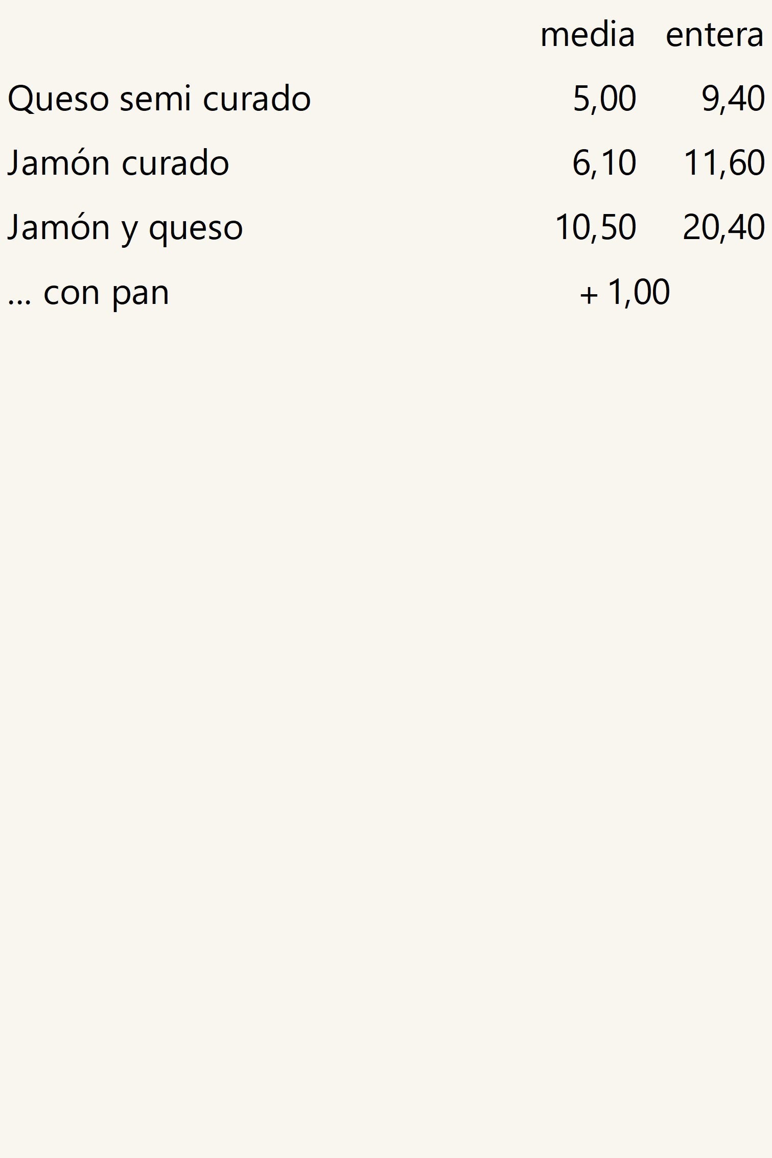 Tablas jamón y/o queso, precios.