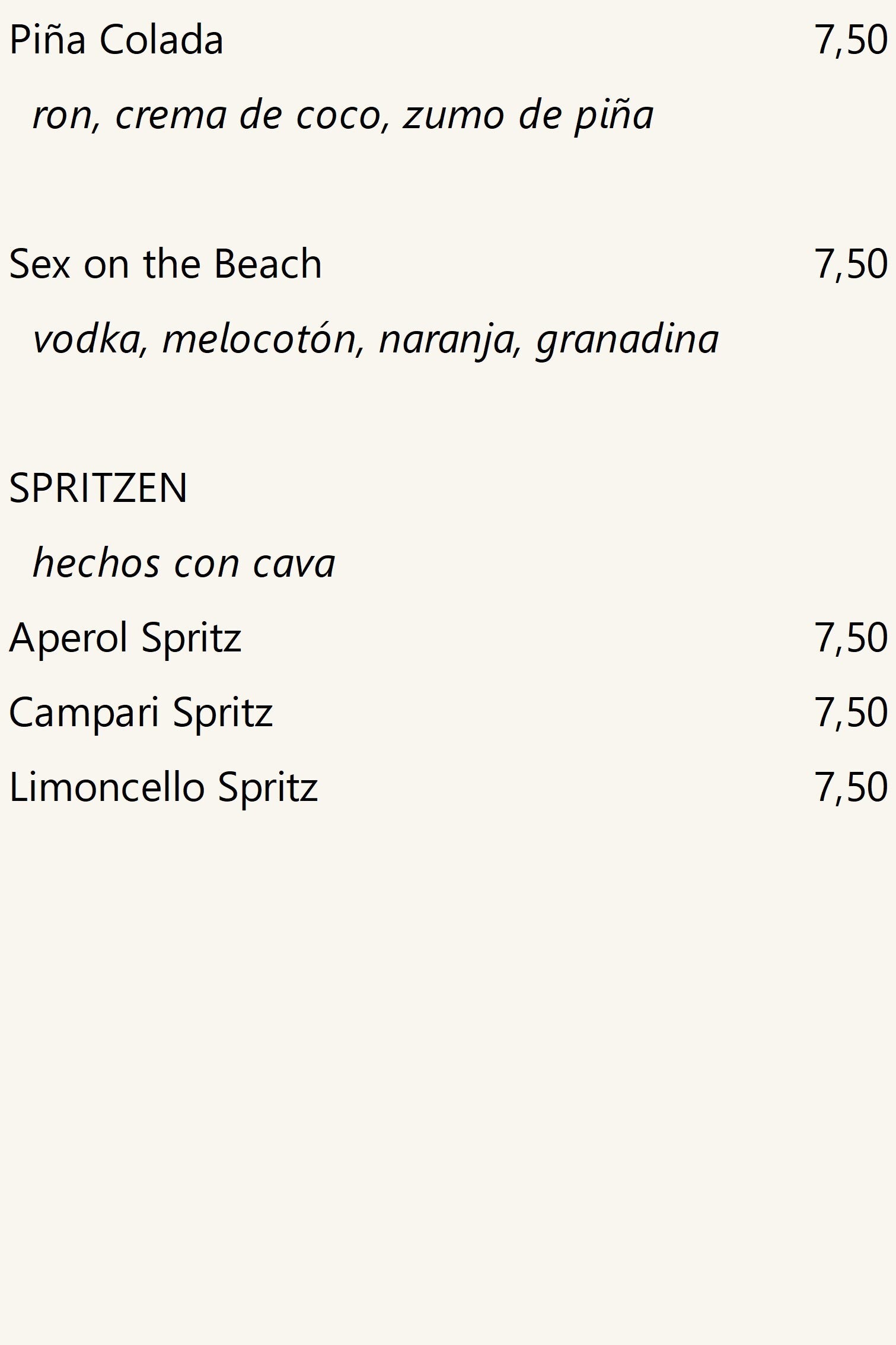 Cócteles, precios