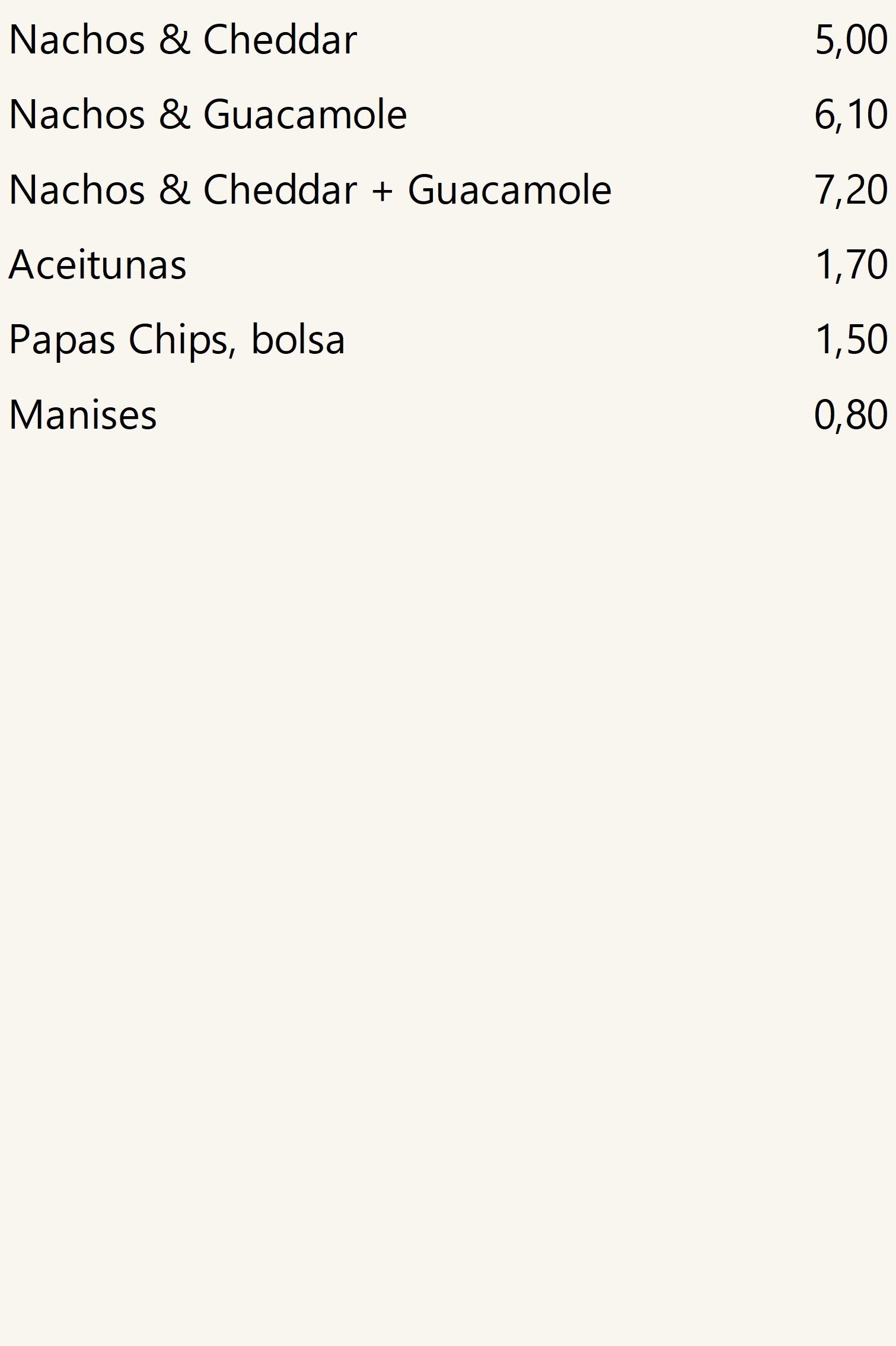 Nachos y otros, precios.