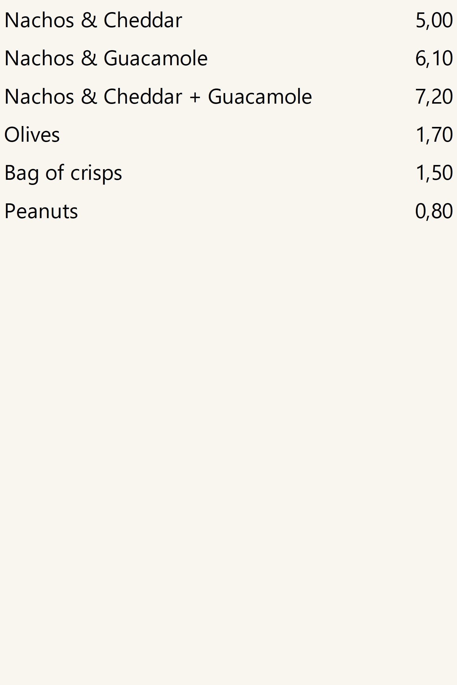 Nachos and others, prices