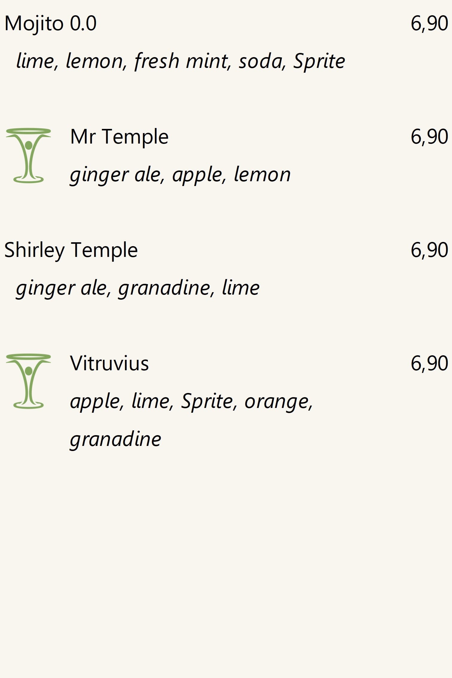 Alcohol free cocktails, prices