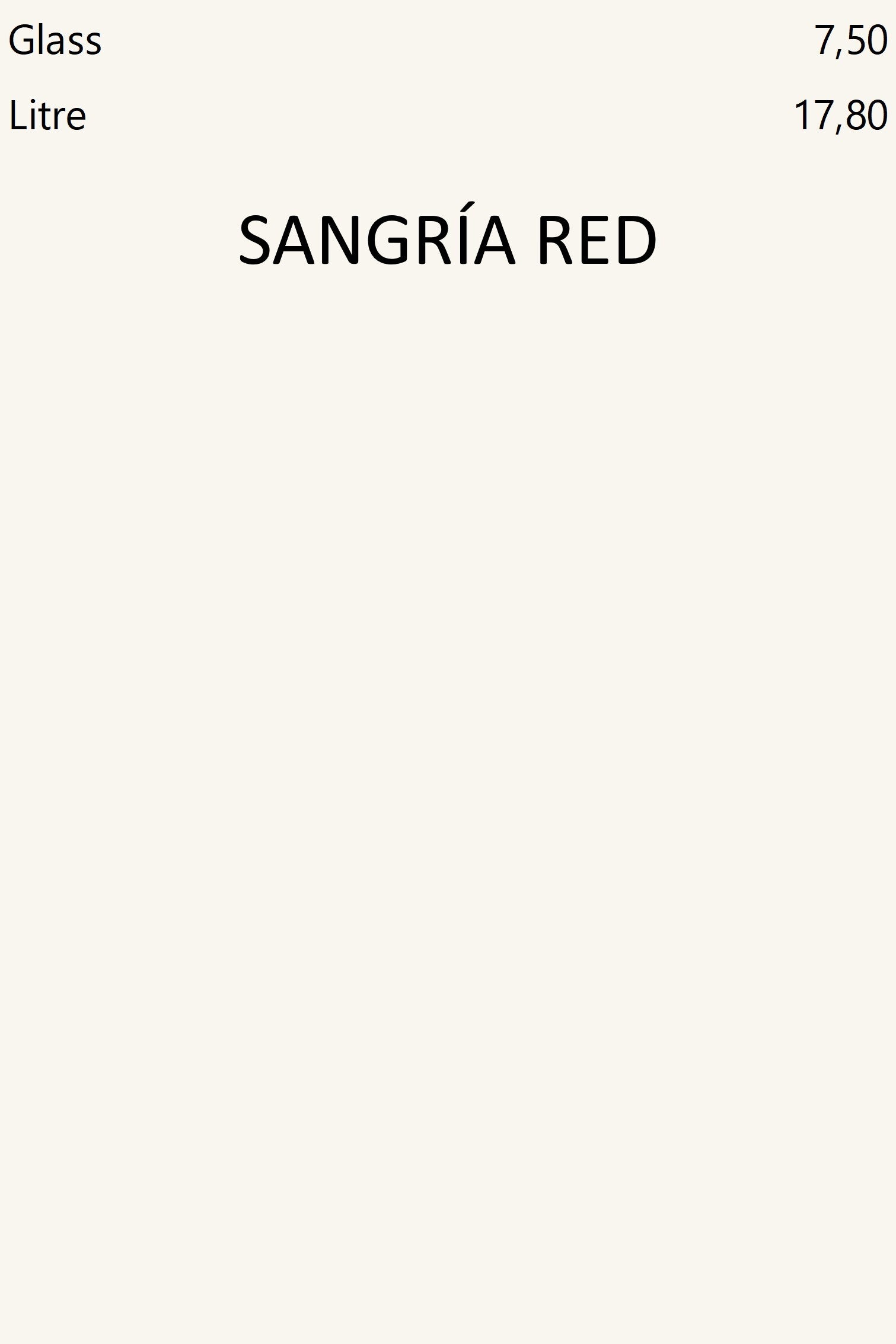 Sangría de tinto, precio por copa y por un litro