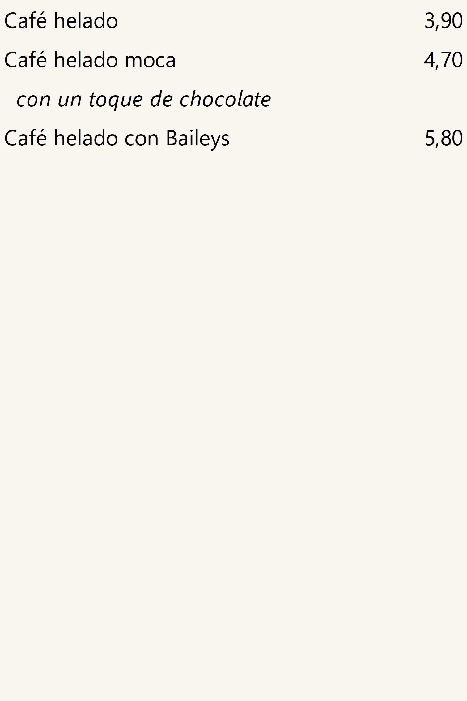 Cafés helados, precios