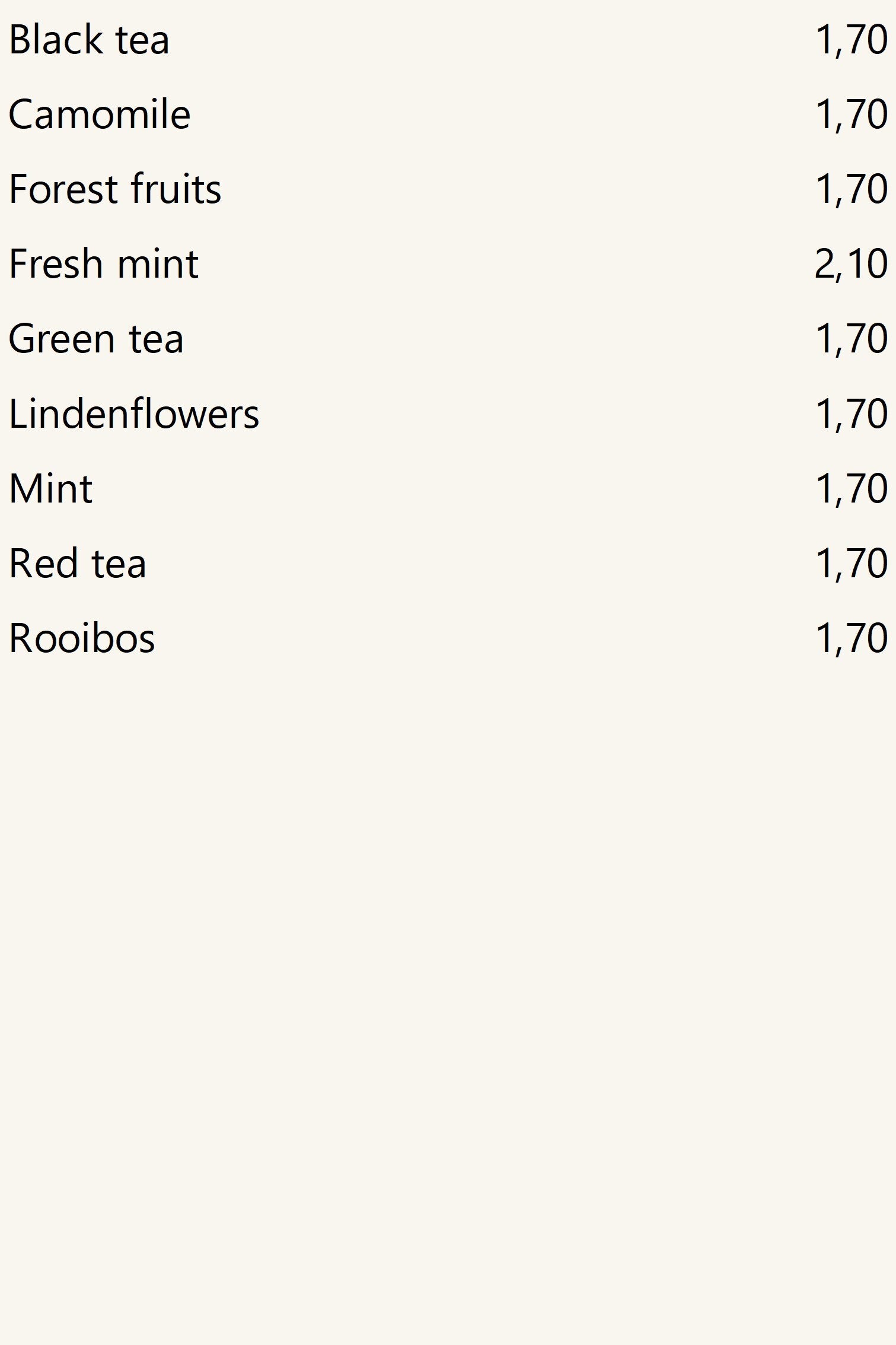 Los tés e infusiones, precios