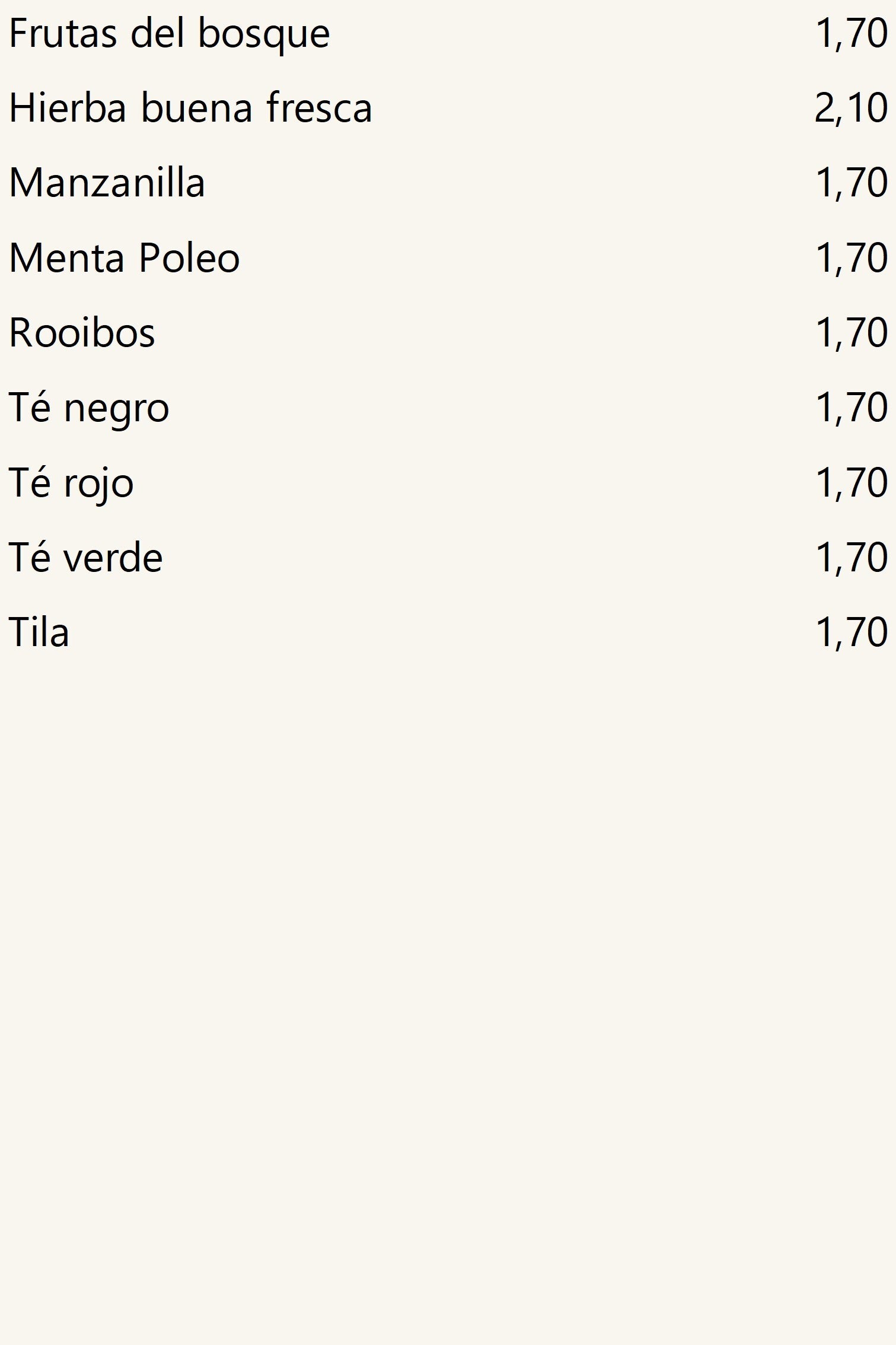 Los tés e infusiones, precios