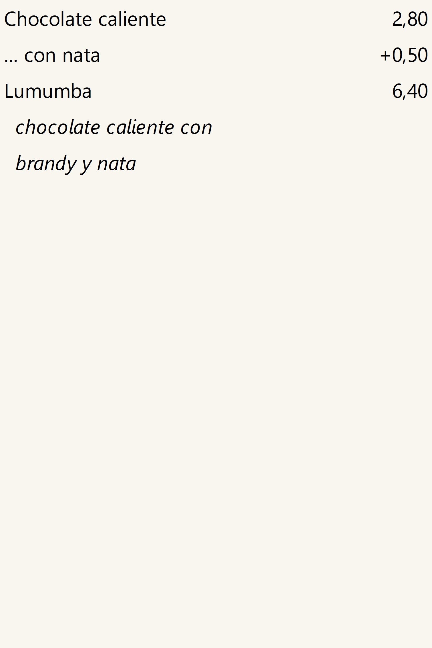 Chocolate caliente, sin o con licor, precios