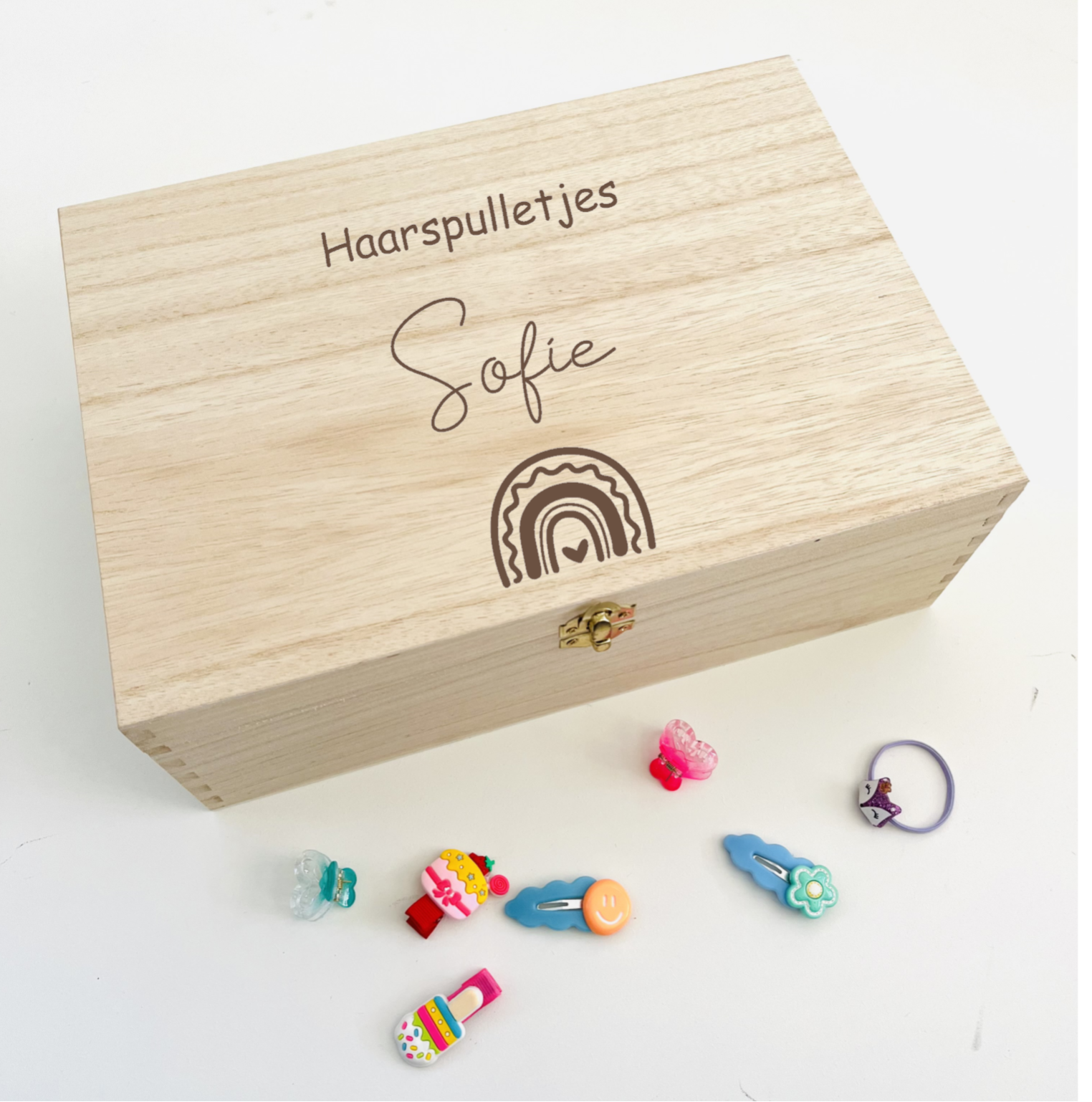 Kist haarspulletjes Naam en regenboog