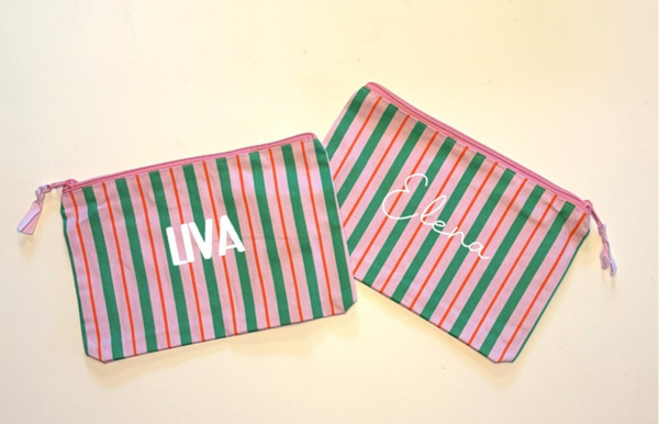 Toilettas/ etui met naam light fuchsia, grass green, blood orange