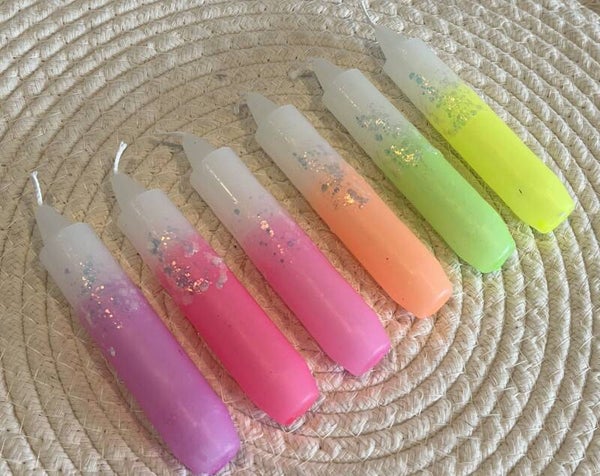 Dip dye Set 6 kaarsjes Neon en glitter