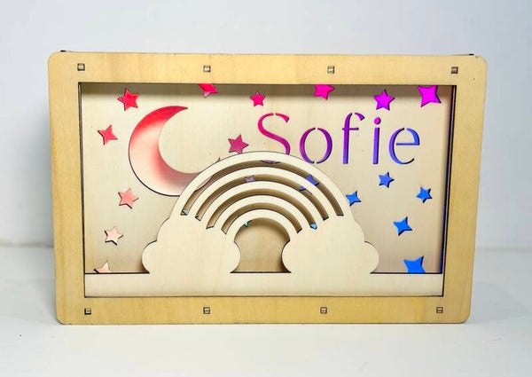 Houten nachtlampje naam regenboog