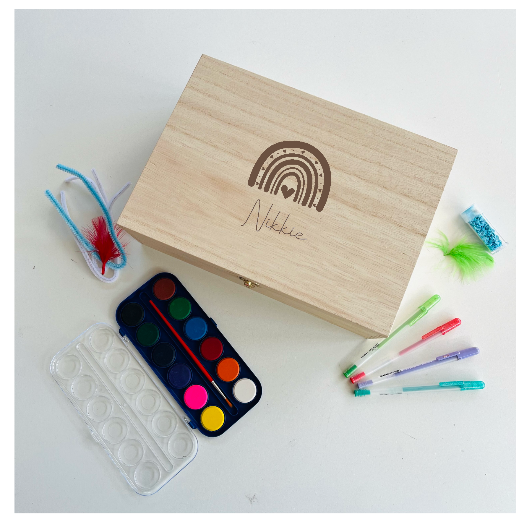 Houten knutselkist met naam regenboog