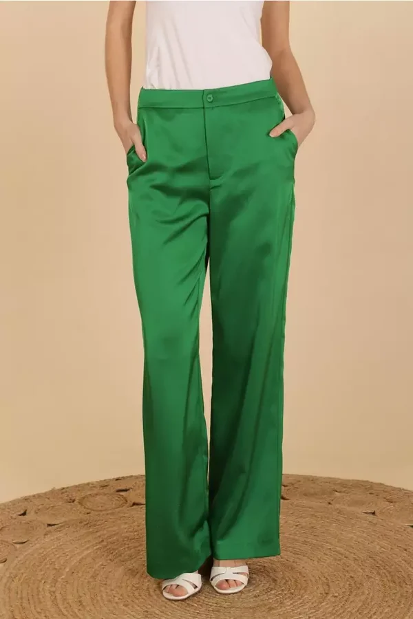 Satijnen broek wijde pijpen - GROEN