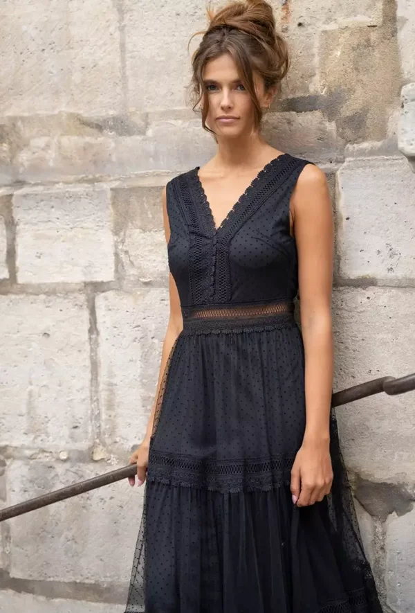 Maxijurk van kant en tule - ZWART